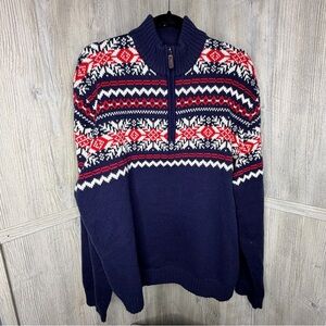 Izod Men's Quarter Zip Fair Isle Sweater in Navy and Red